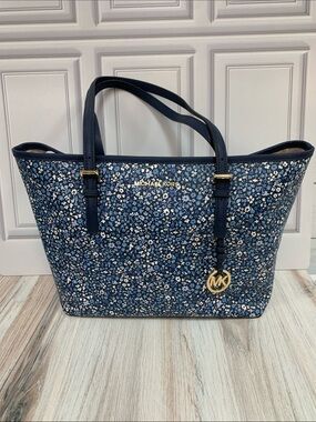 Michael Kors Blue Floral Tote with Gold Accent